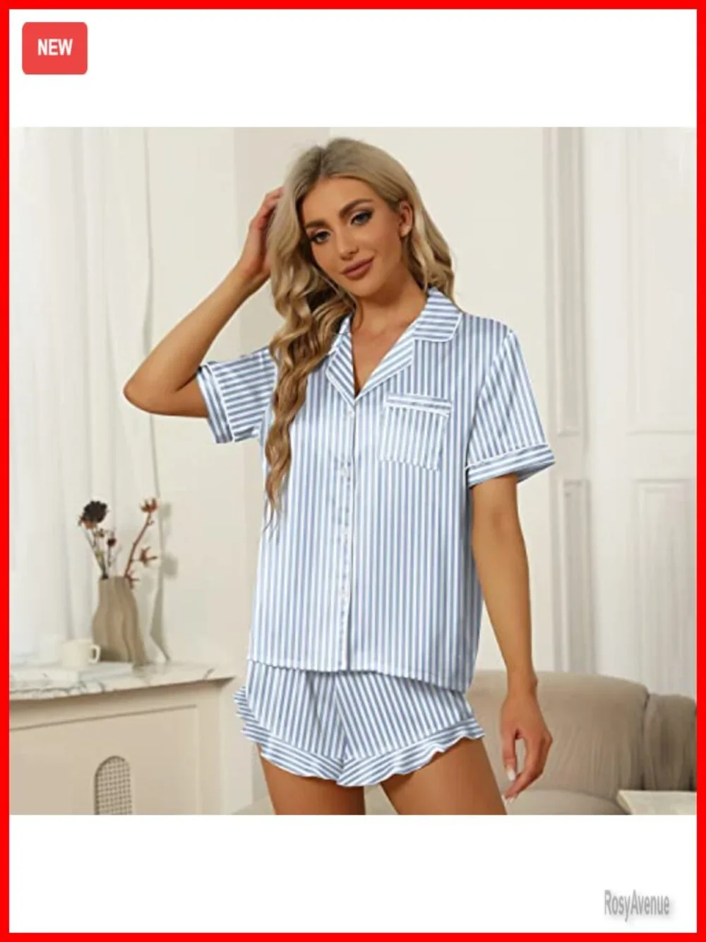 Satin Silk Pajama Set for Women - Ruffle Notch Collar Button Down Short Sleeve